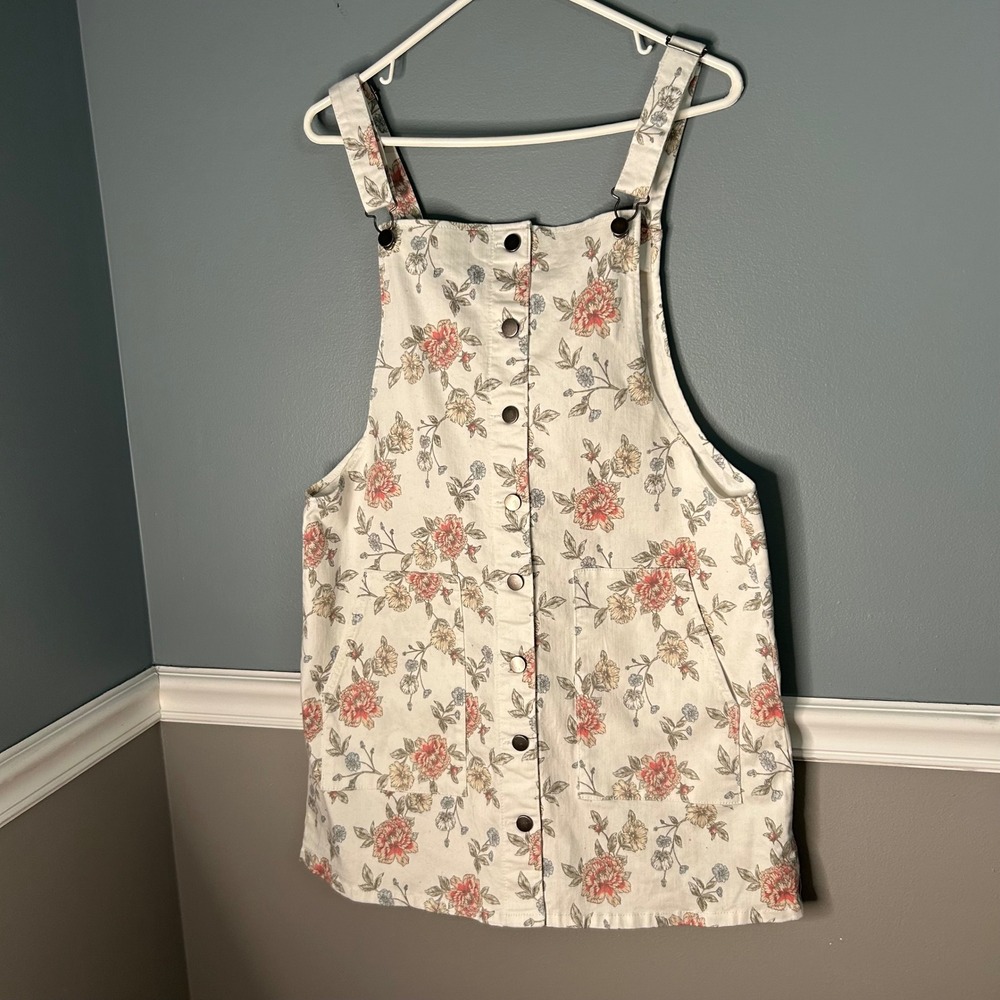 SO Womens Floral Button Front Pinafore Overall Dress Cream cottagecore XL